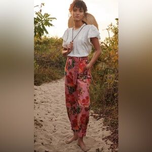 Farm Rio Anthropologie Esperanza Pink Floral Tropical High Waist Pants